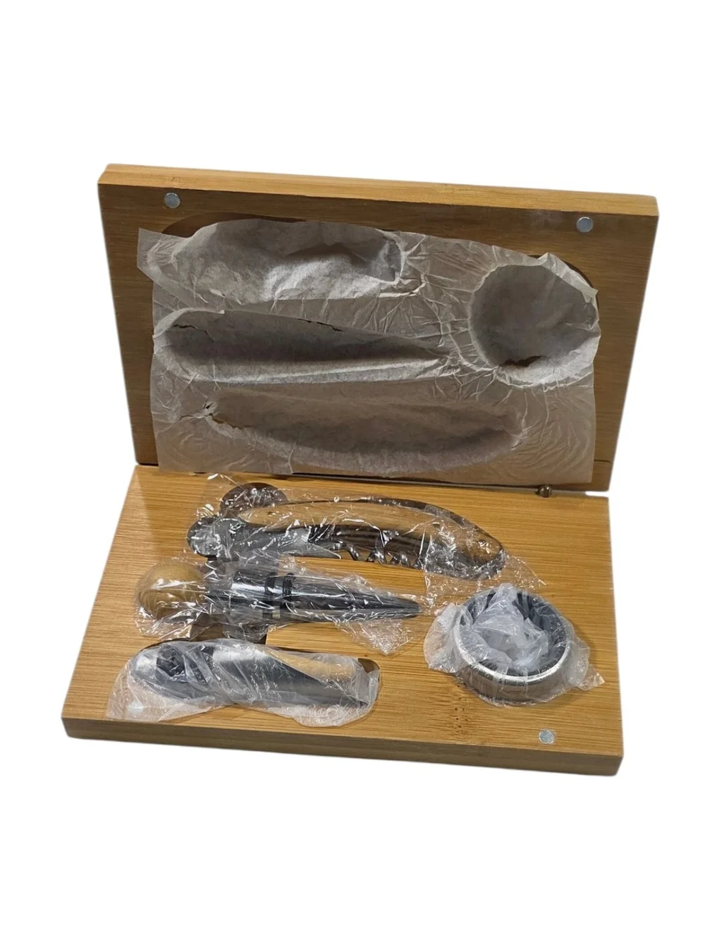 Pongo Bamboo Wine Tool Gift Set Corkscrew Stopper Drip Ring 4 Piece New